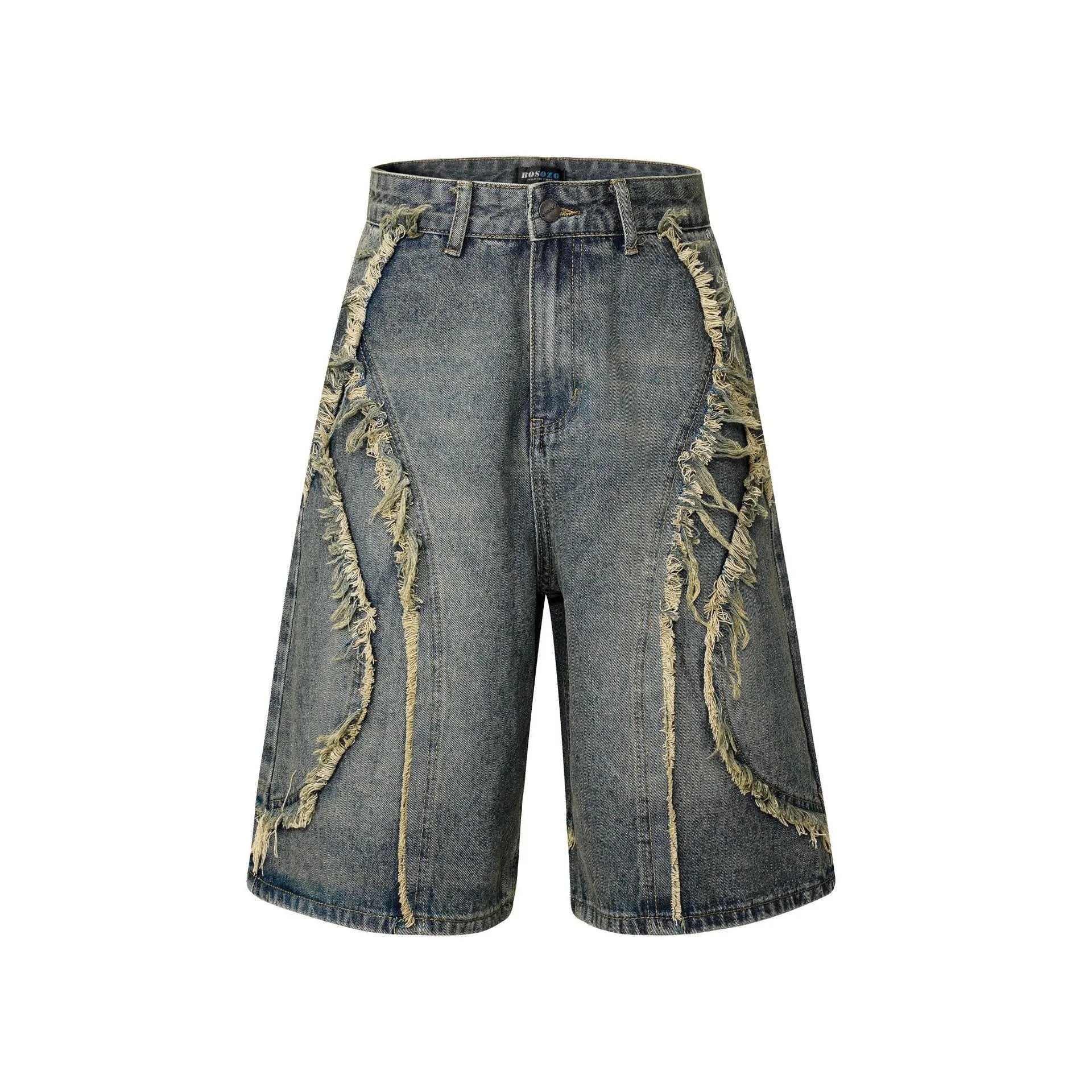 Distressed raw edge denim shorts in black, dark blue, and light blue colours