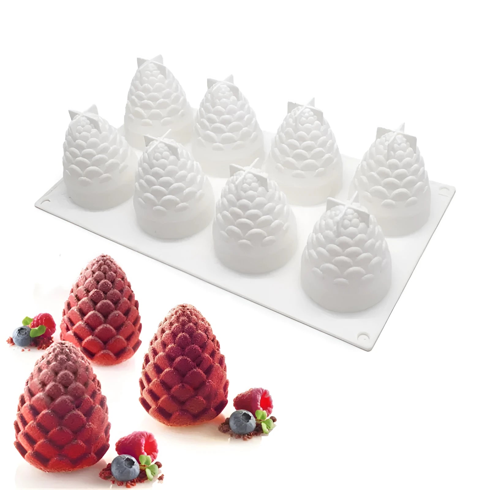 Silicone baking mould with six pineapple and pine cone shaped cavities for Italian desserts
