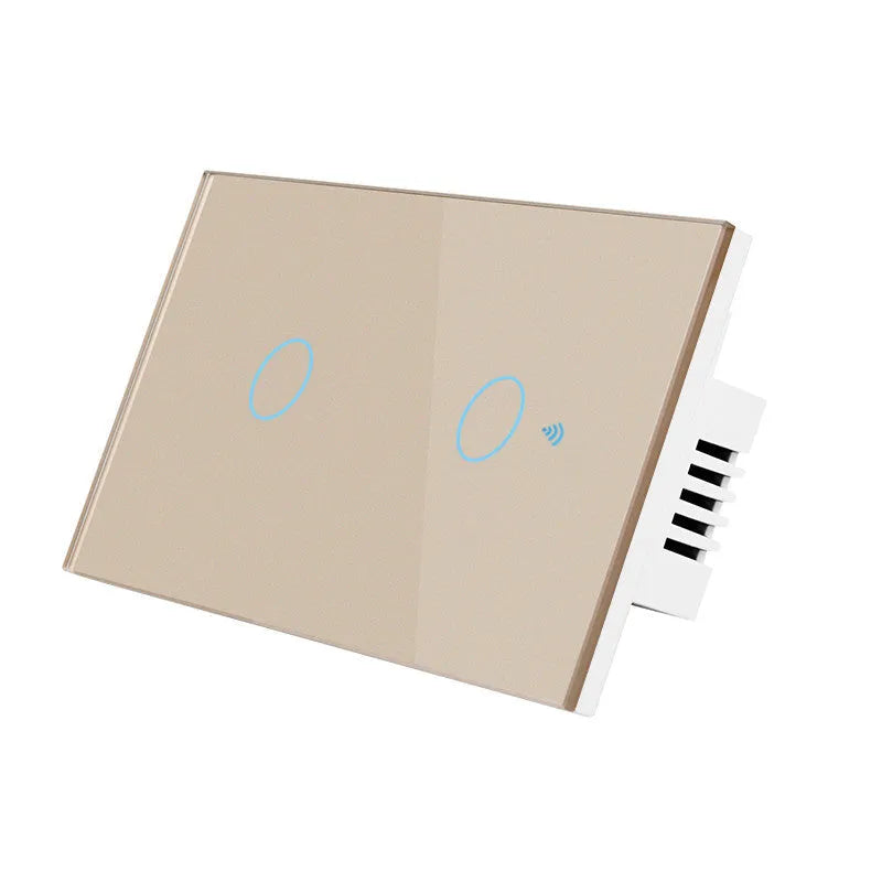 White 2-gang RF remote control touch wall switch with tempered glass panel