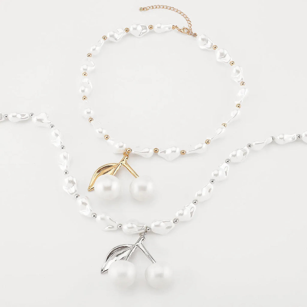 Creative pearl cherry fruit necklace for women with geometric pendant and adjustable length