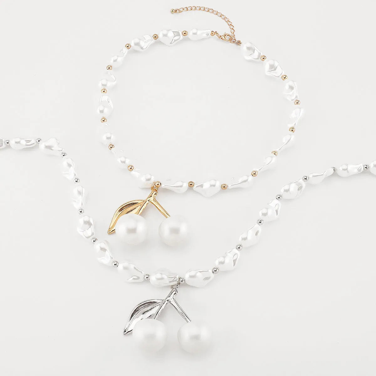 Creative pearl cherry fruit necklace for women with geometric pendant and adjustable length