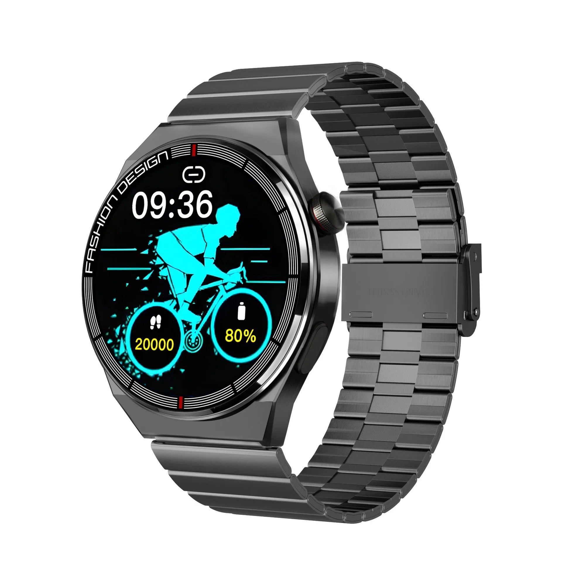 Black Bluetooth smartwatch with heart rate monitoring on silicone strap showing 1.28-inch screen