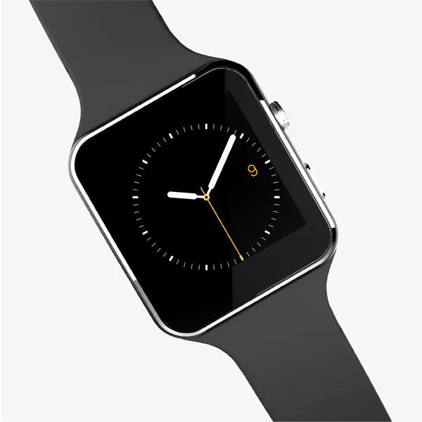 Black smart watch with 1.54 inch display and black silicone strap on a wrist