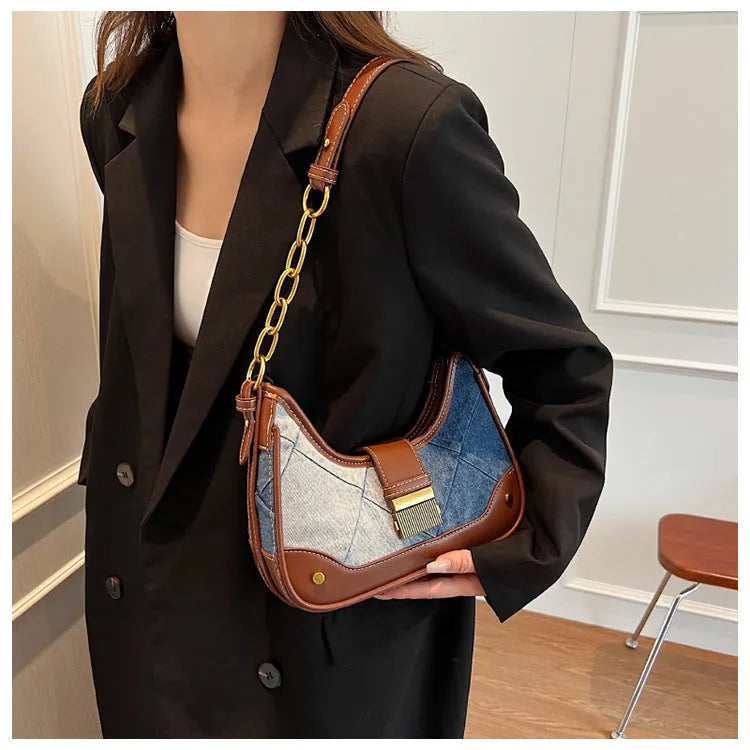 Brown denim women's bucket shoulder bag with diamond mesh patterns and chain details