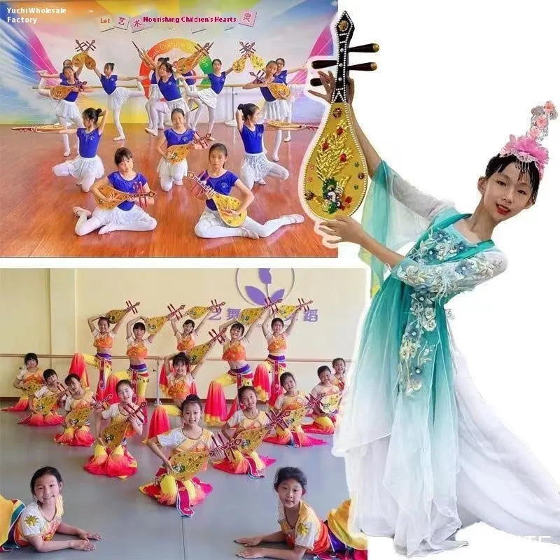 Golden Double Phoenix simulation plastic pipa prop 64.5cm with handmade stickers for Dunhuang dance