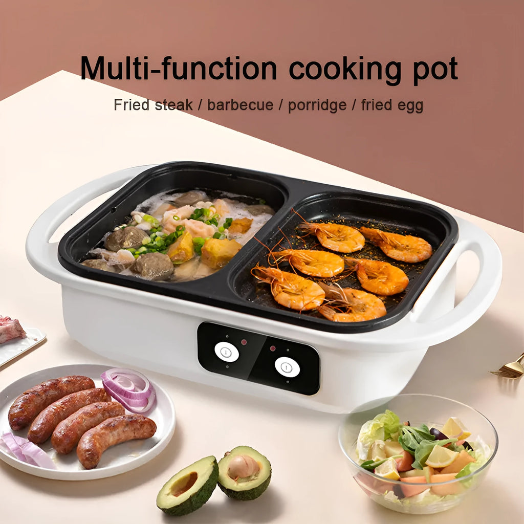 White or green dual-function electric hot pot with mechanical controls and compact design