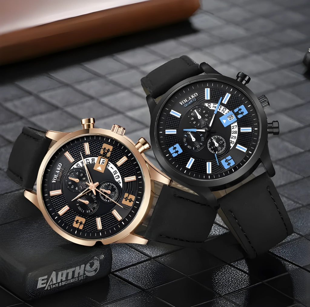 Fashion big digital calendar men's watch with leather strap and round alloy case