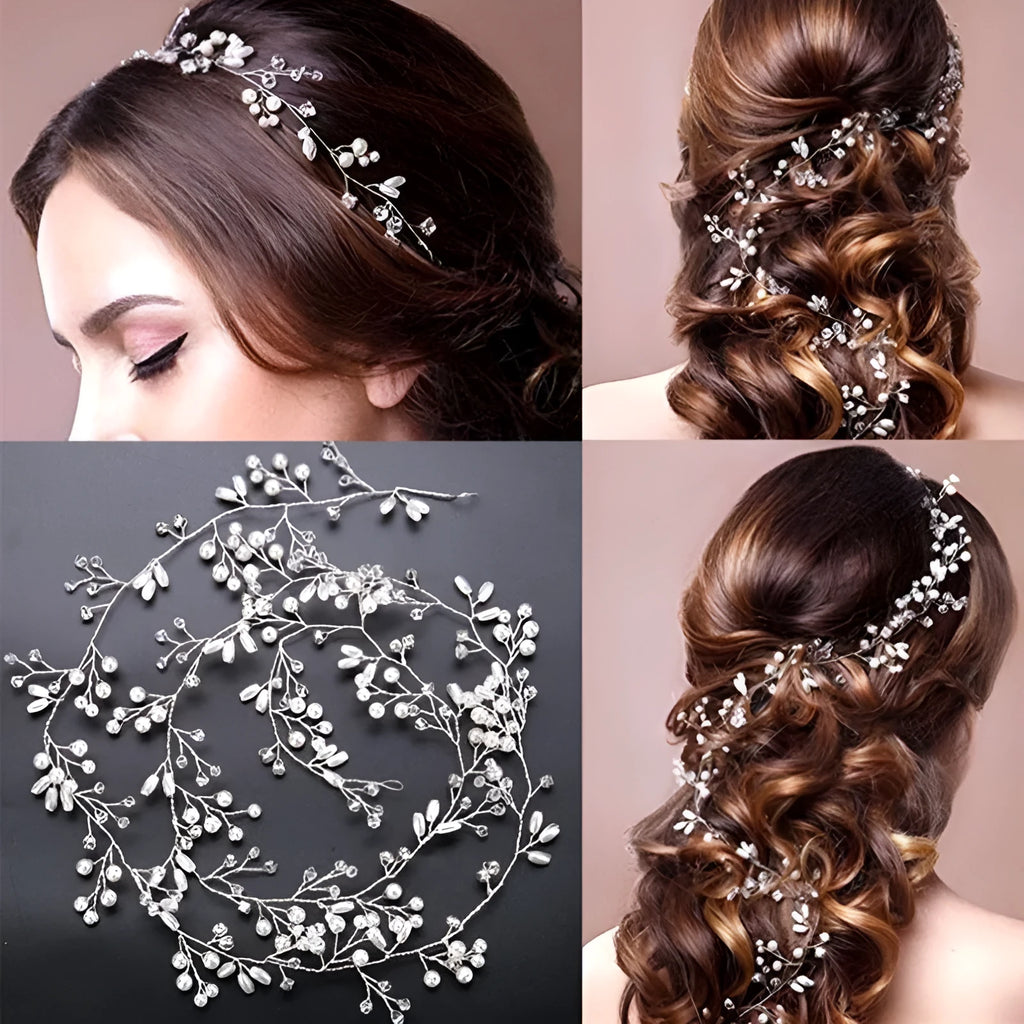 Bride's long hair band with crystal and pearl decoration in gold, silver, or rose gold colour options.