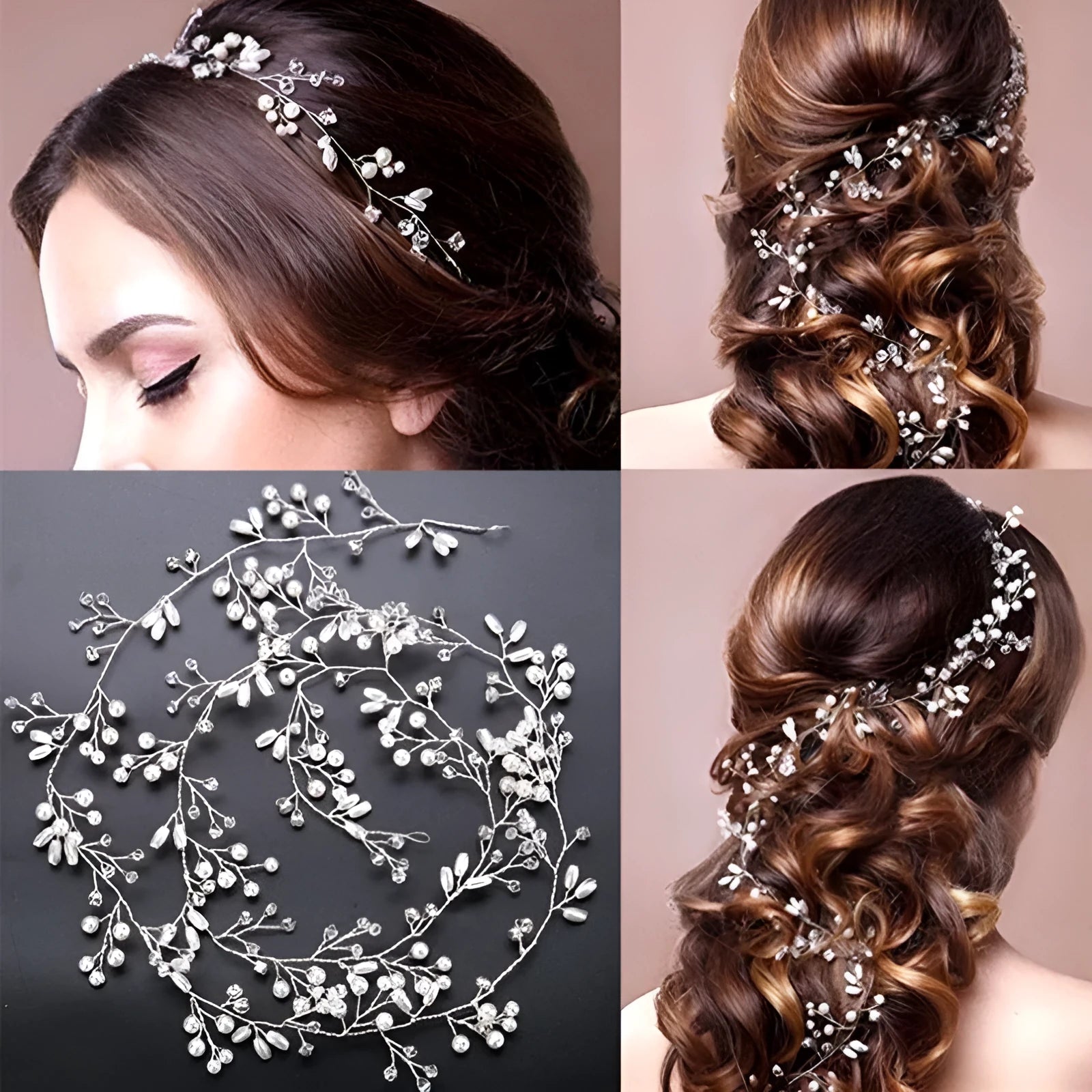 Bride's long hair band with crystal and pearl decoration in gold, silver, or rose gold colour options.