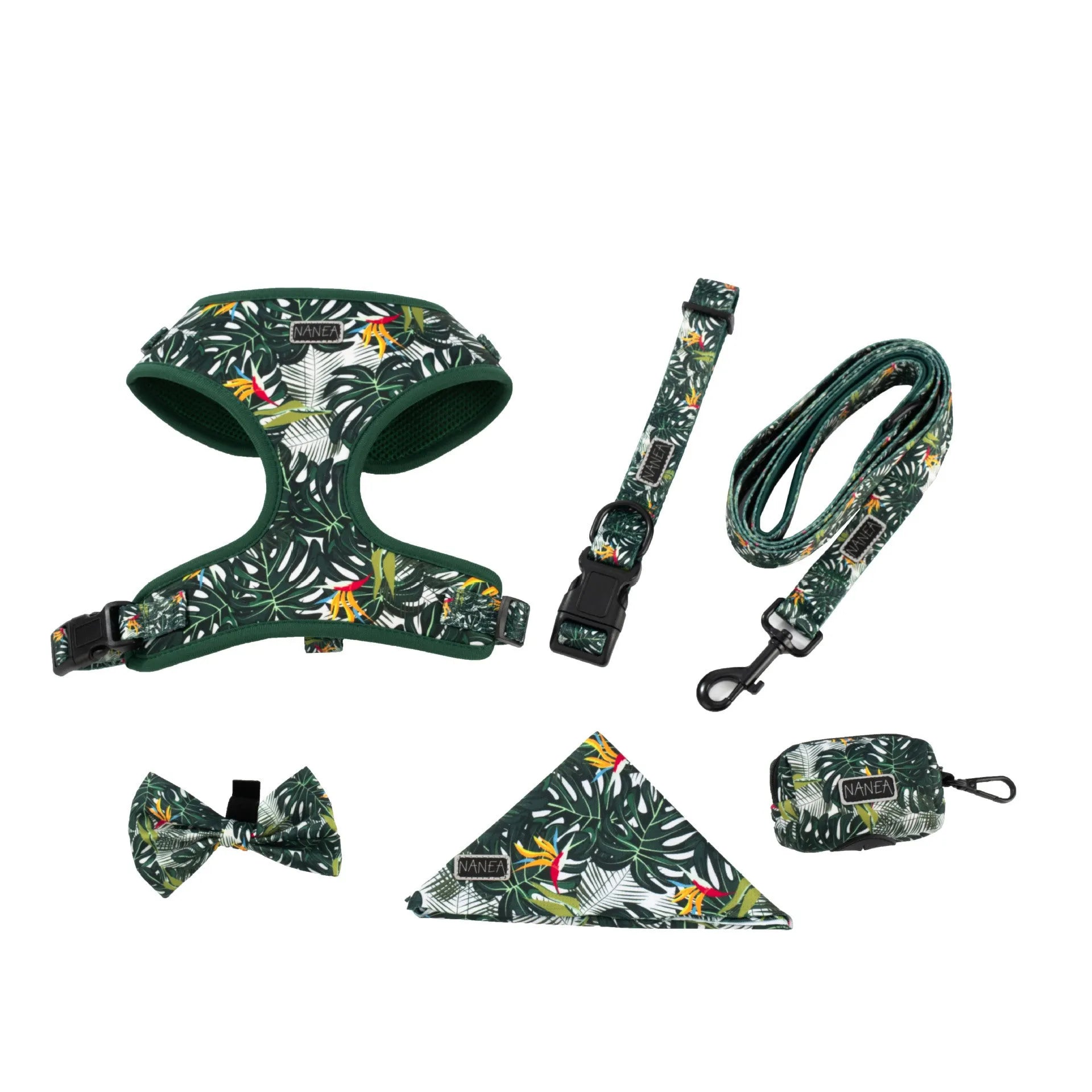 Adjustable cloth vest dog harness set with haulage rope, collar, bow tie, scarf, and pick-up bag in various colours.