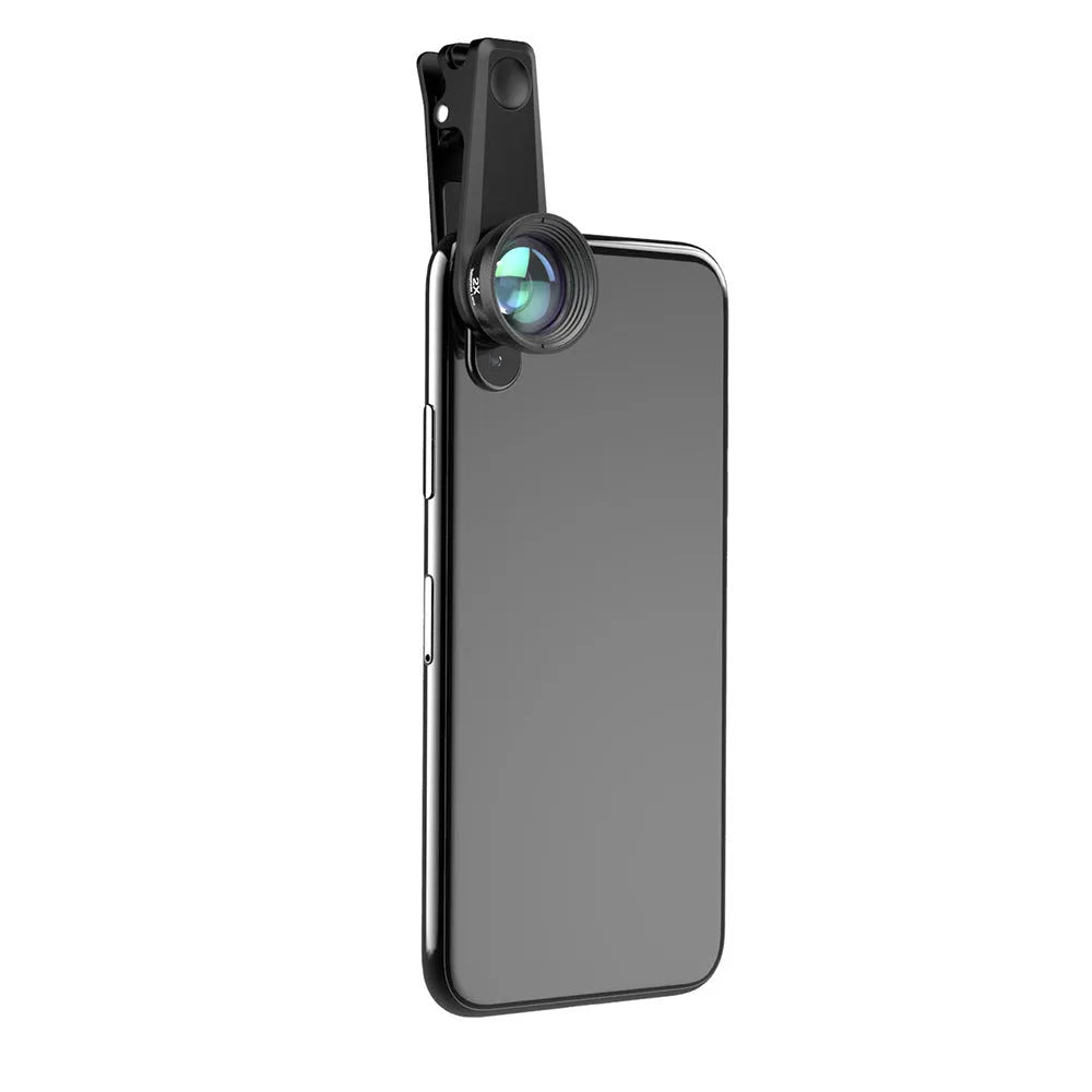 Black 6-in-1 smartphone camera lens kit with fisheye, wide angle, macro, telephoto lenses and universal mounting clip