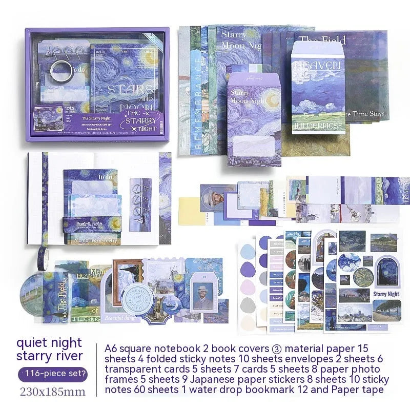 A6 grid creative journal gift box with retro artistic plaid notebook and stationery set contents