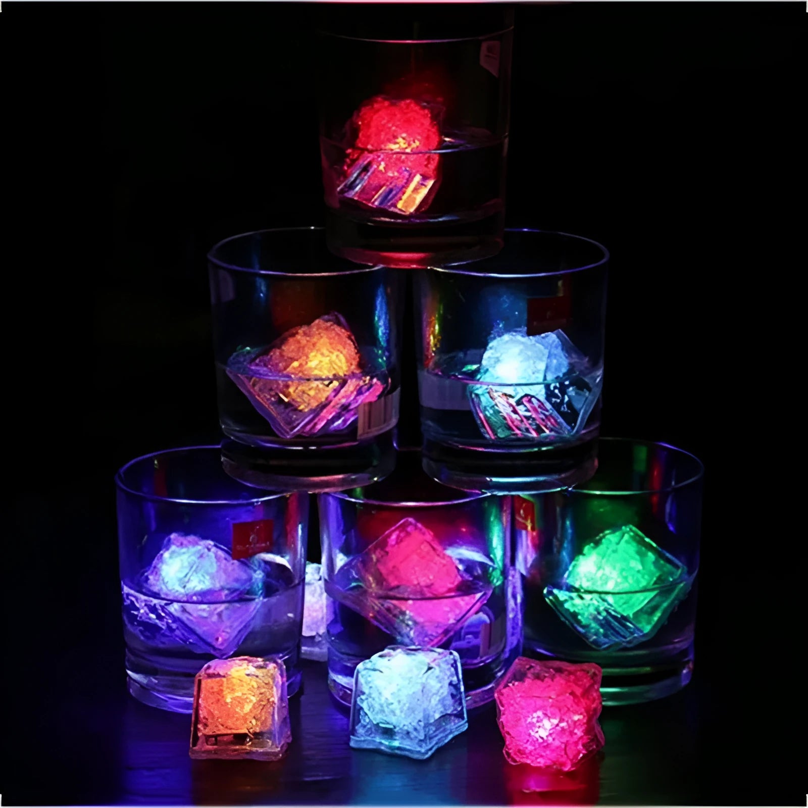LED light ice cube in a drink, square shape, glowing blue with realistic ice appearance