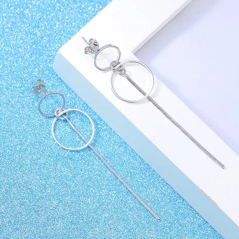 S925 sterling silver pearl tassel long earrings double ring design women