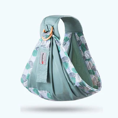 Baby wrap carrier sling in blue-green cotton mesh fabric, adjustable for newborn to 36 months, 50kg capacity