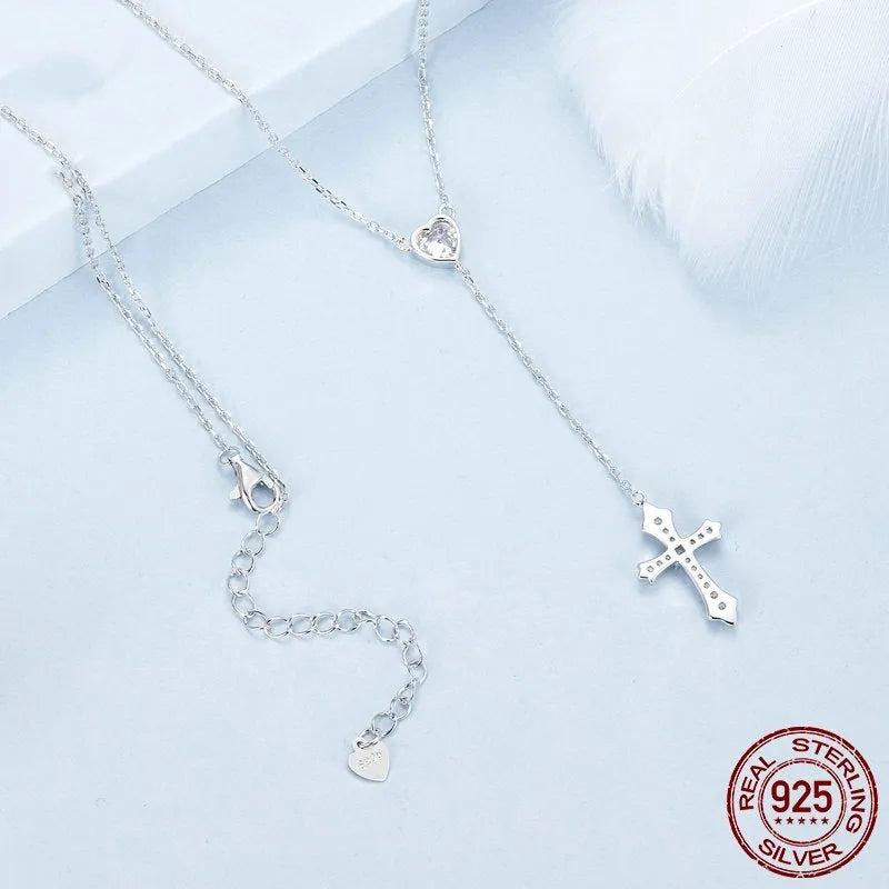 Simple V-neck love cross necklace for women with 925 silver pendant on O-ring chain