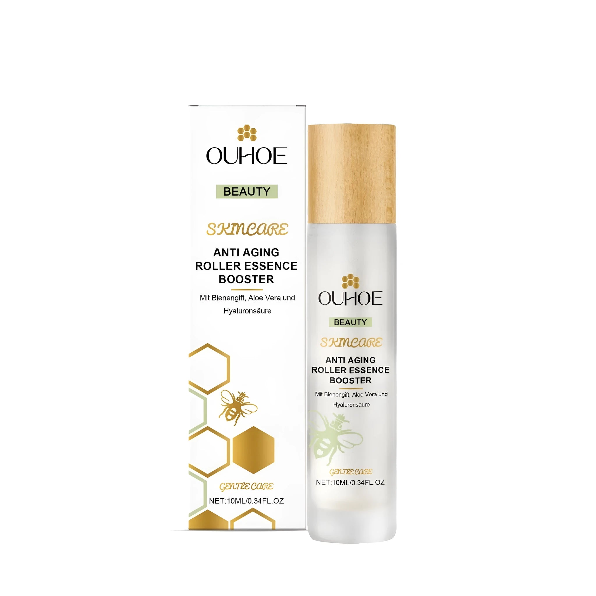 White face massage roller ball for applying bee venom and hyaluronic acid serum.