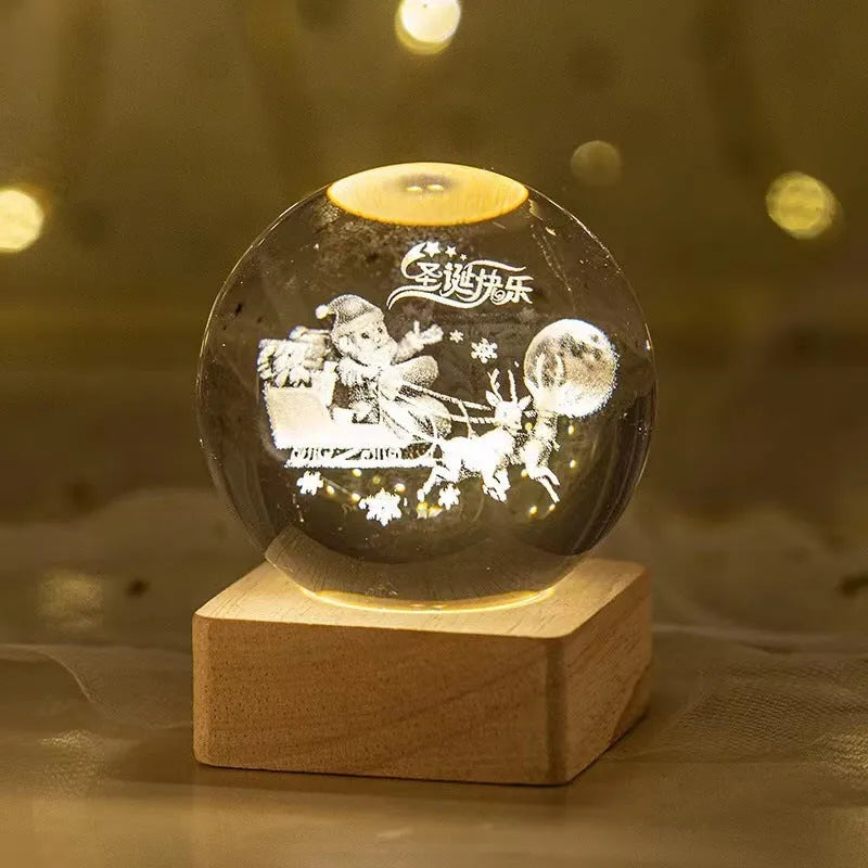 3D crystal ball night lamp with starry sky planets and moon projection on wooden base