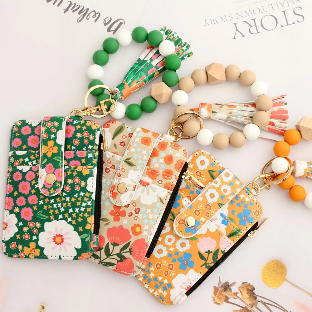 Women's floral print leather card bag in light pink, modern style card holder