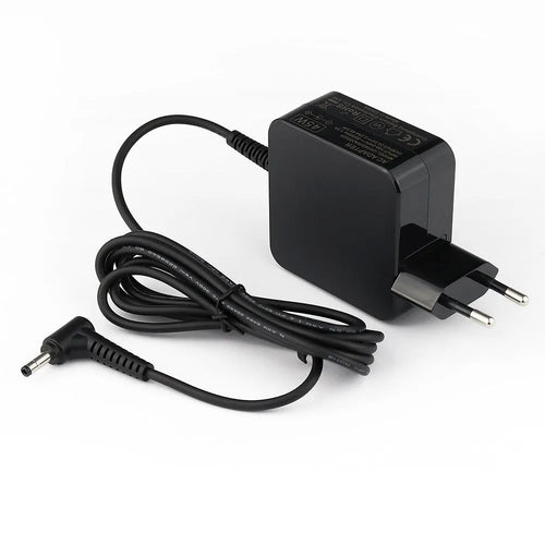 Black 45W Hua laptop adapter and charging cable with DC connector, shown with US and EU plug options.