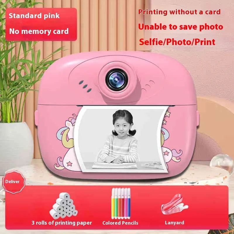 Children's instant print camera in blue with photo paper roll and graffiti pen, unisex birthday gift toy