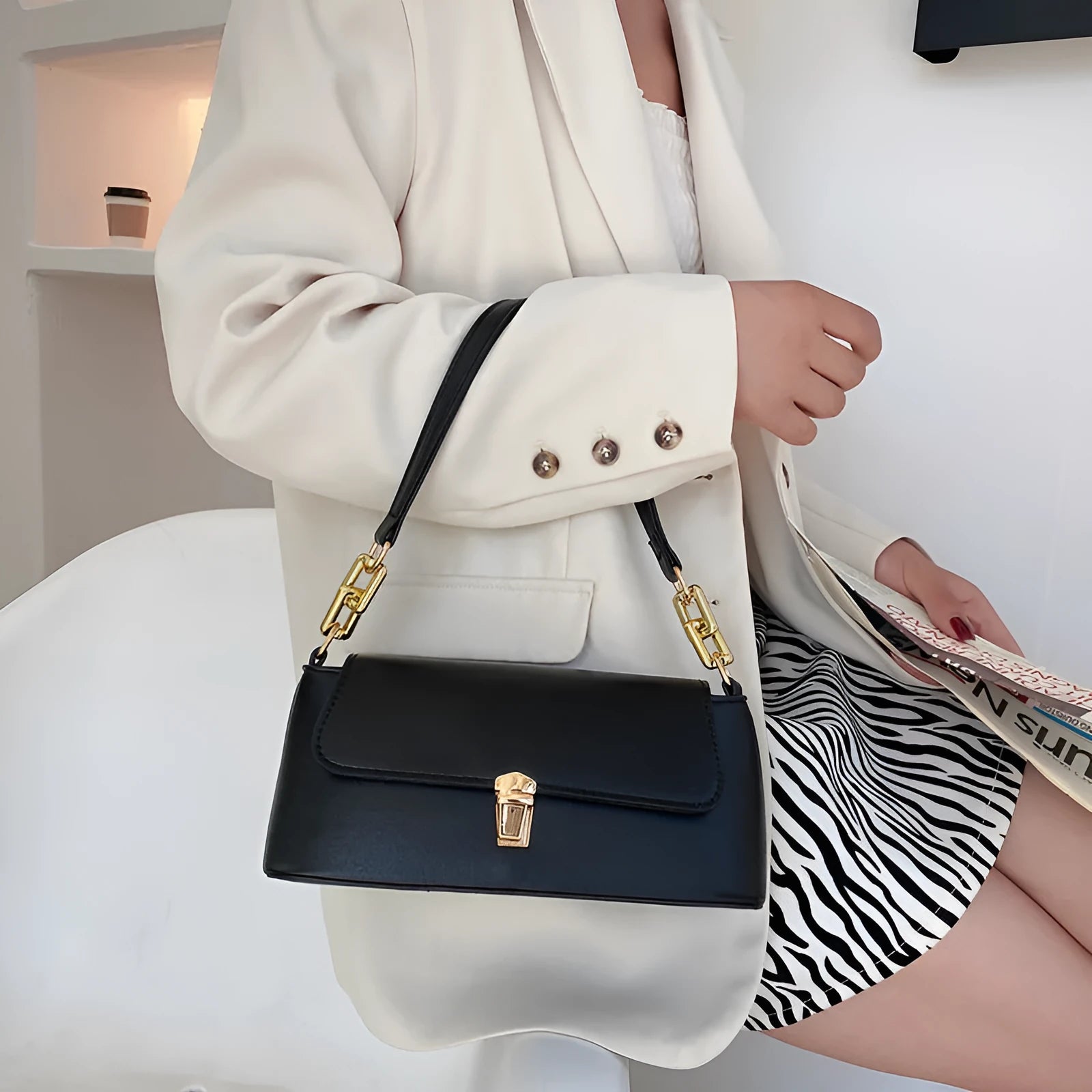 Brown PU leather underarm shoulder bag with square shape, sandwich pocket front and adjustable shoulder chain