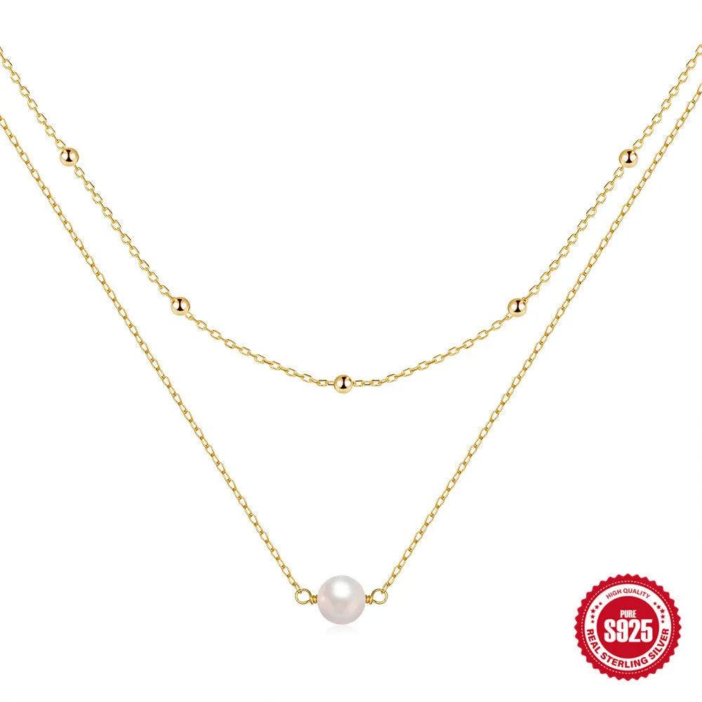 S925 sterling silver double layer necklace with twin pearls on geometric pendant and ball bead chain