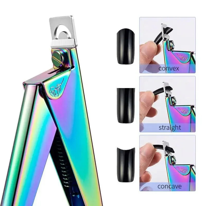 Stainless steel nail art tool set with rainbow, gold, and silver trimmer, clipper, and edge cutter