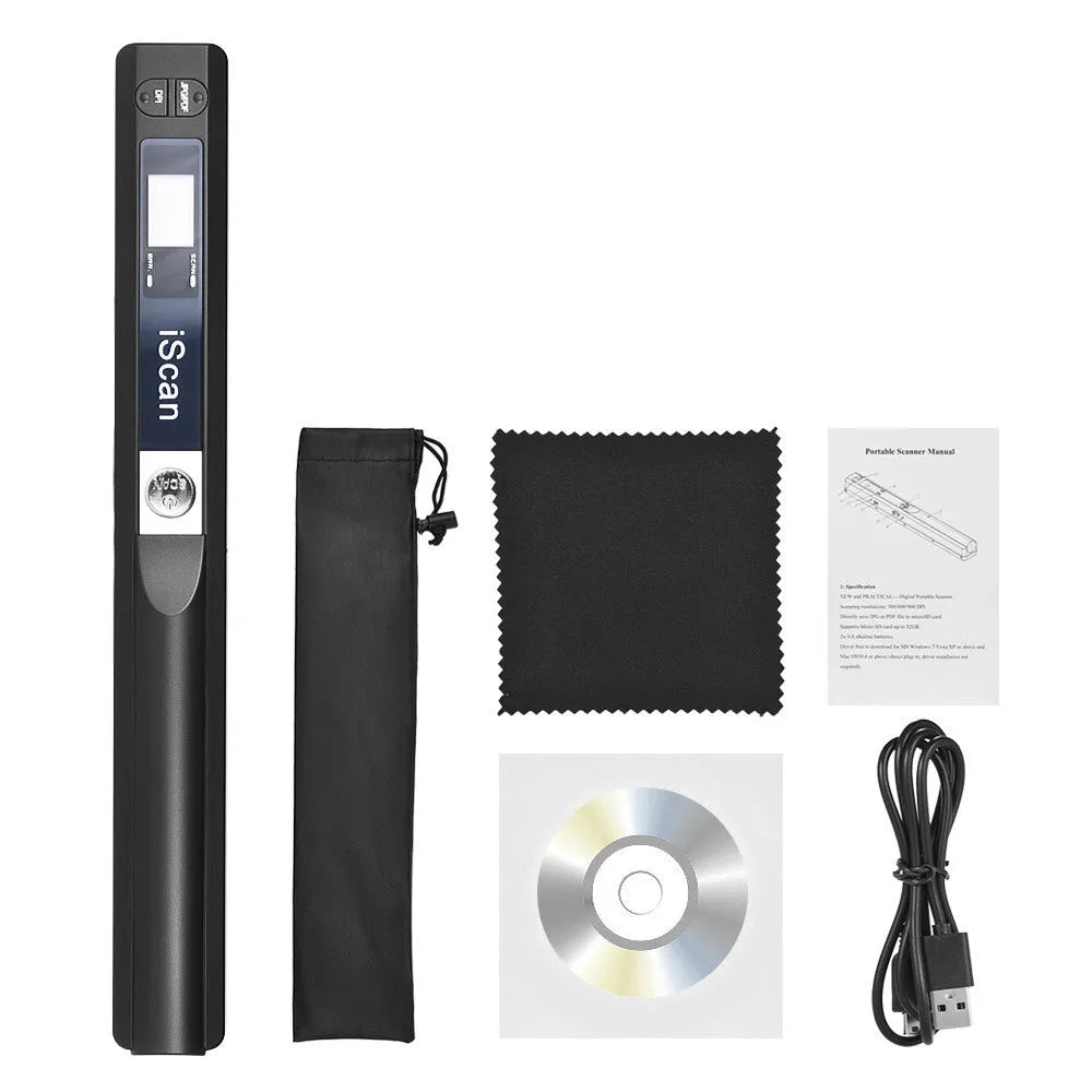 Handheld barcode scanner in five colour options: black, blue, green, red, and silver.