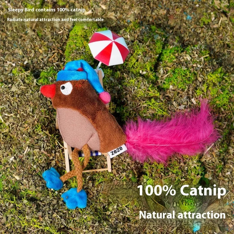 Bird-shaped catnip cat toy made from fleece cloth and woven fabric in two colour options