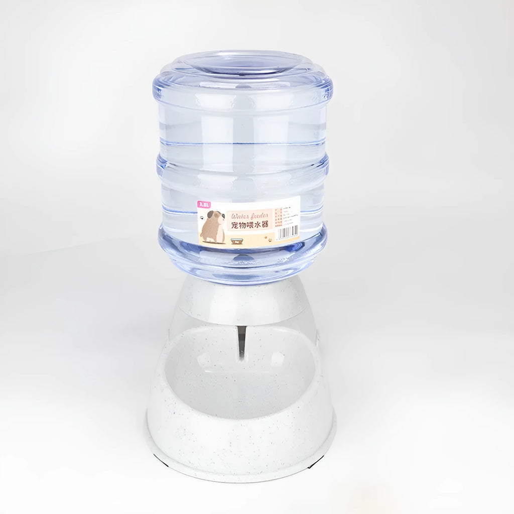 Automatic pet feeder and cat drinker set with plastic feeding trough and drinking trough in grey
