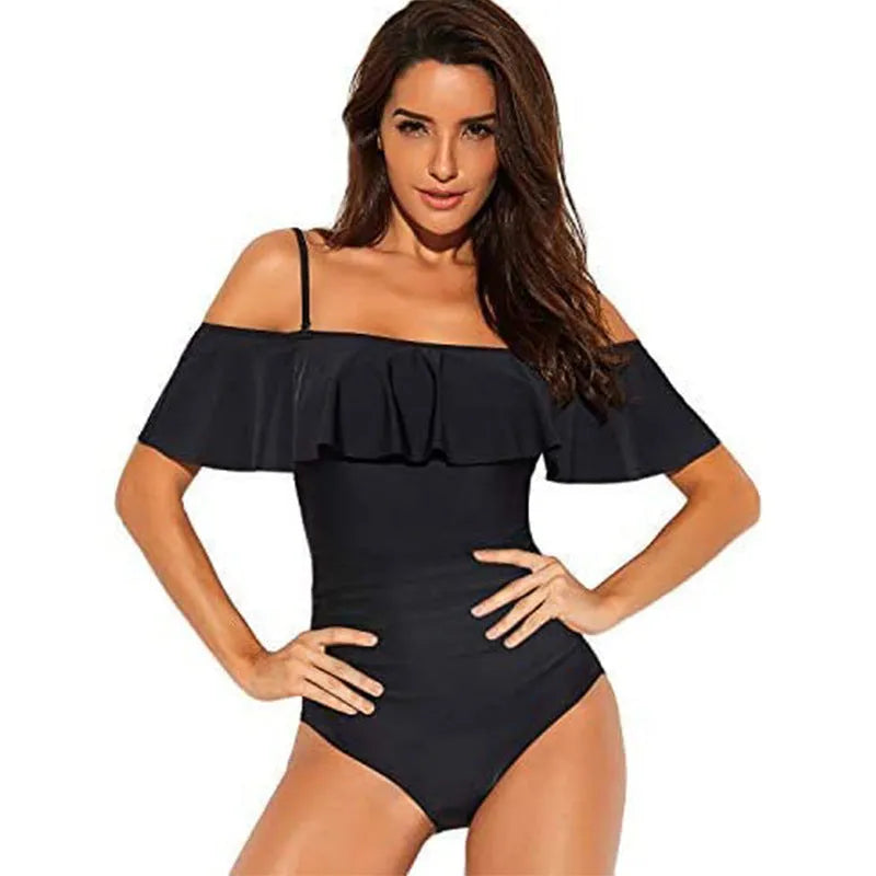 Black one-piece swimsuit with ruffled straps and side cut-out detailing.