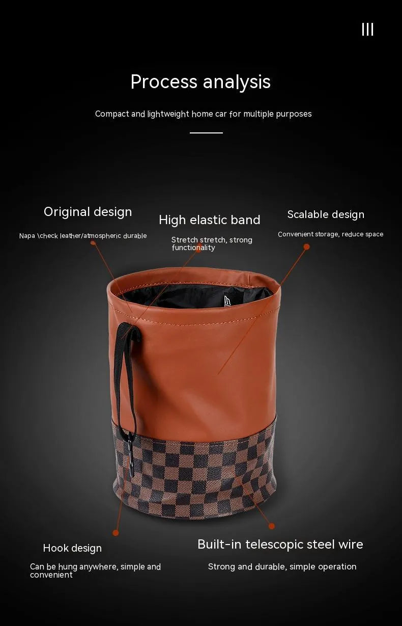 Leather retractable car trash can shown in product picture with foldable design