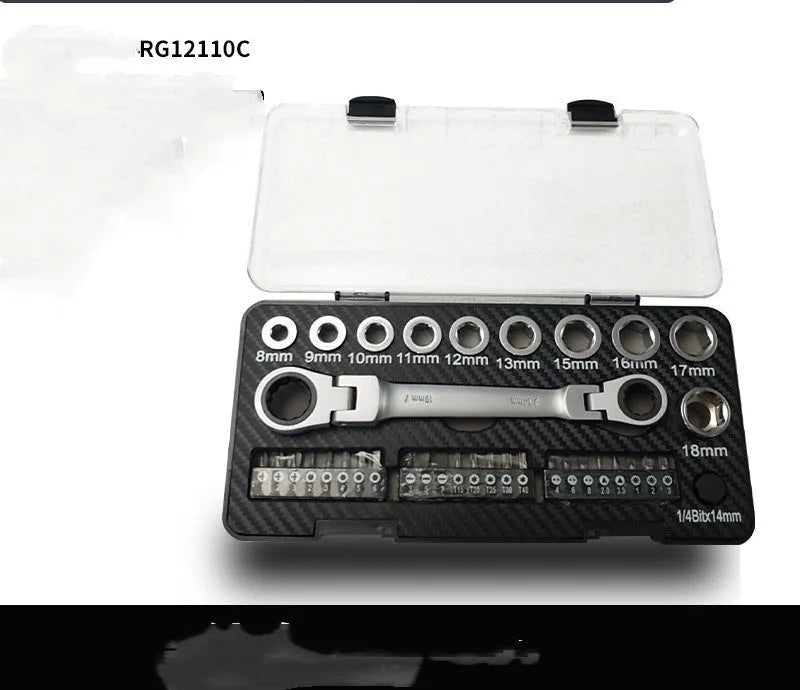 Dual-purpose ratchet wrench set with handle, ten sockets, and three bit heads arranged on a workbench.