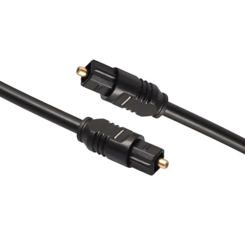 Black Toslink optical audio cable with square connectors showing 2 metre length