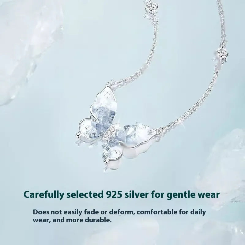 925 silver women's necklace with ice rain butterfly pendant on O-ring chain, adjustable 41-50cm length