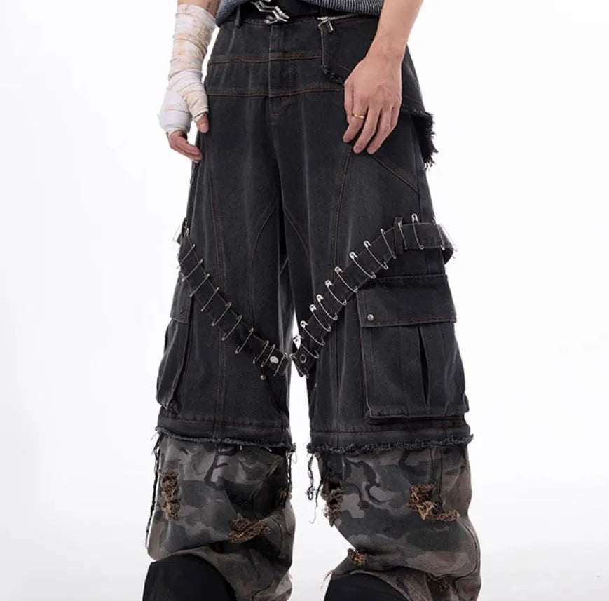 Men's grey camouflage jeans with splicing construction and pin ribbon details