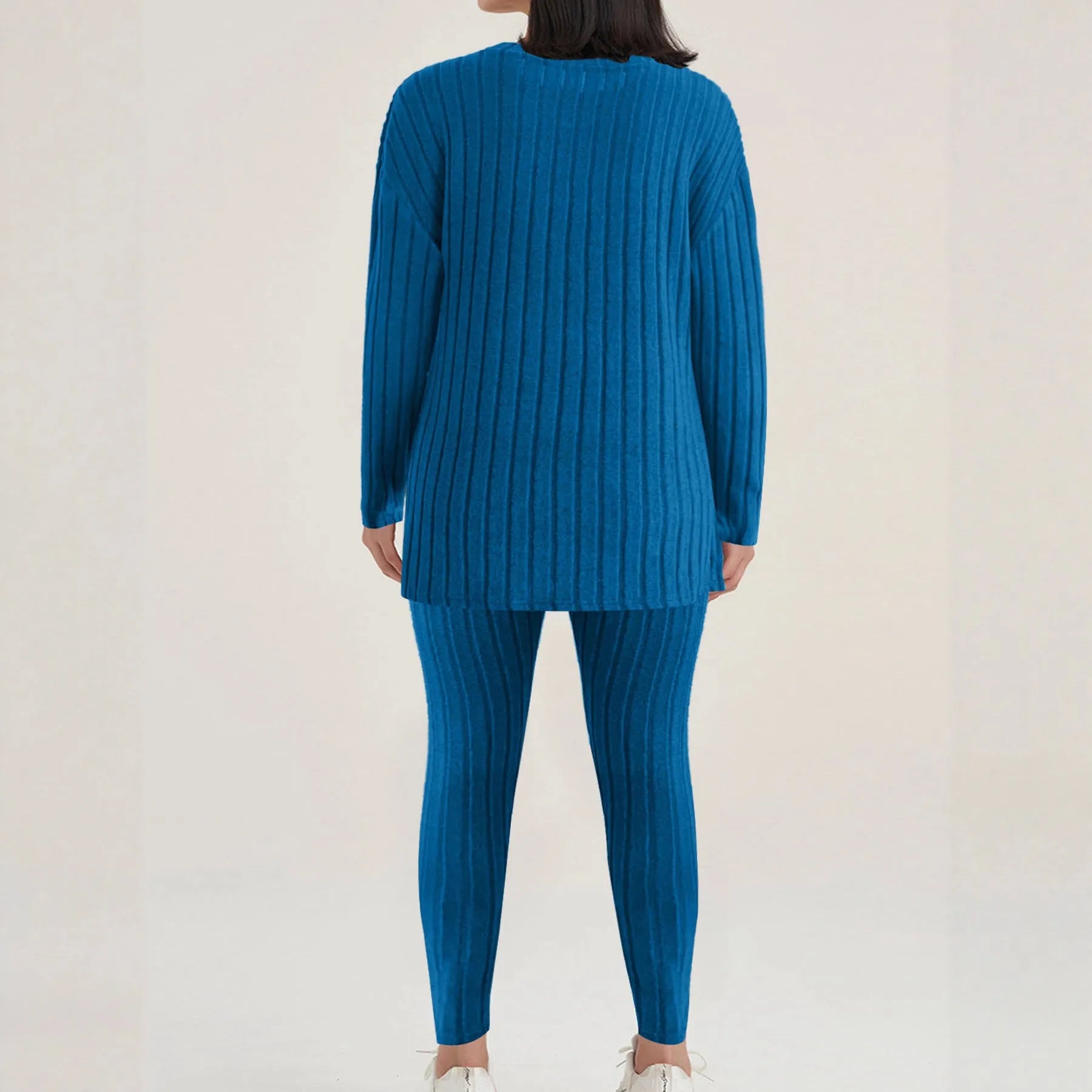Women's black sunken stripe pattern long sleeve top and trousers two-piece loungewear set