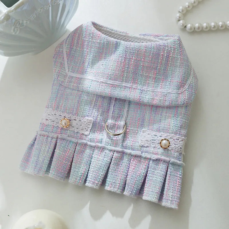 Purple and pink polyester pet clothing for cats or small dogs in sizes S, M, L, and XL.