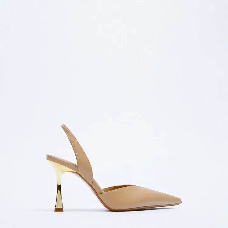 Apricot nude patent leather pointed high heels with shallow mouth design from front view