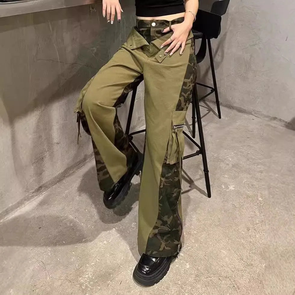 Dark khaki leopard print high-waist jeans with contrast stitching and straight leg.