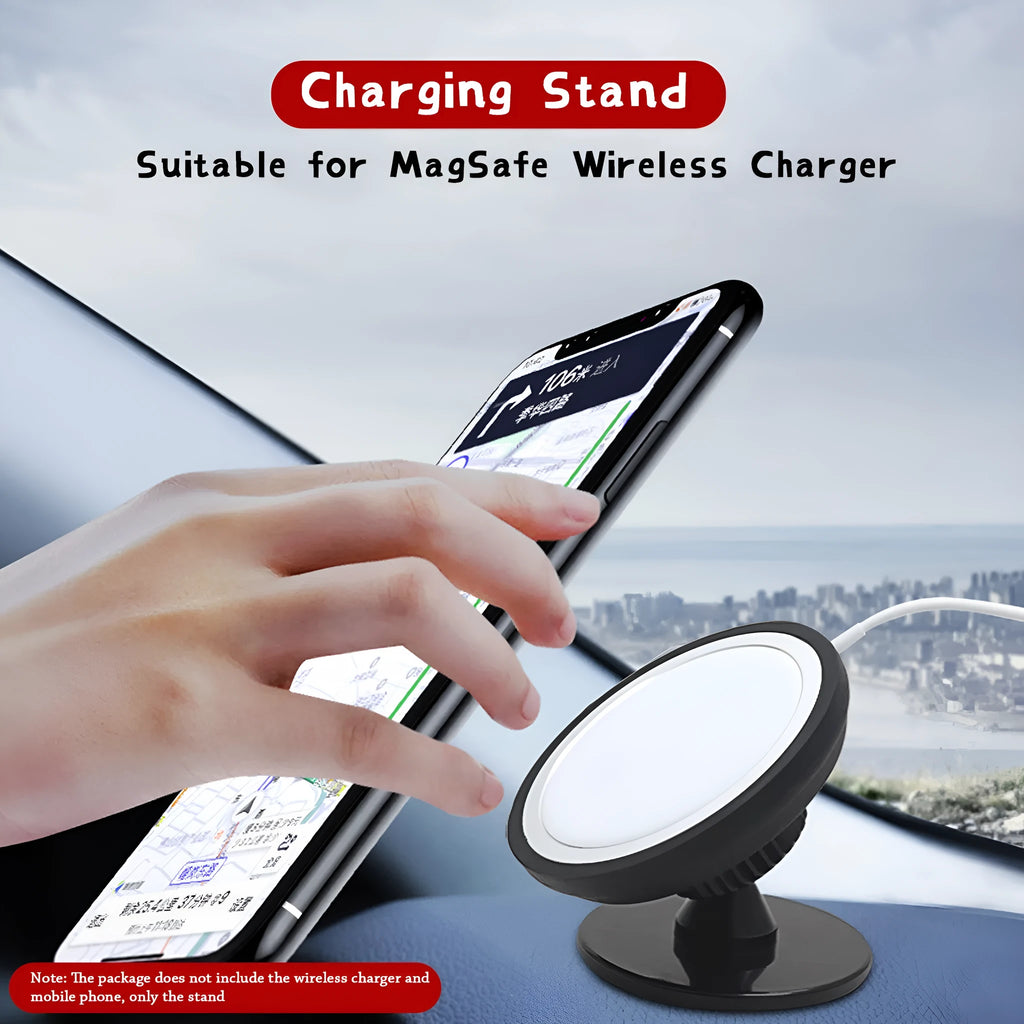 Black car magnetic mobile phone holder mounted on vehicle dashboard
