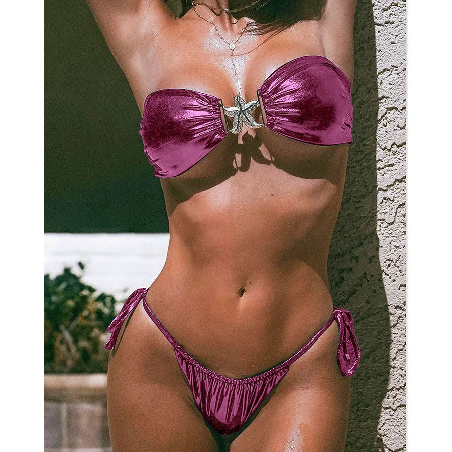 Women's sapphire blue glossy bikini with split tube top and gold starfish print.