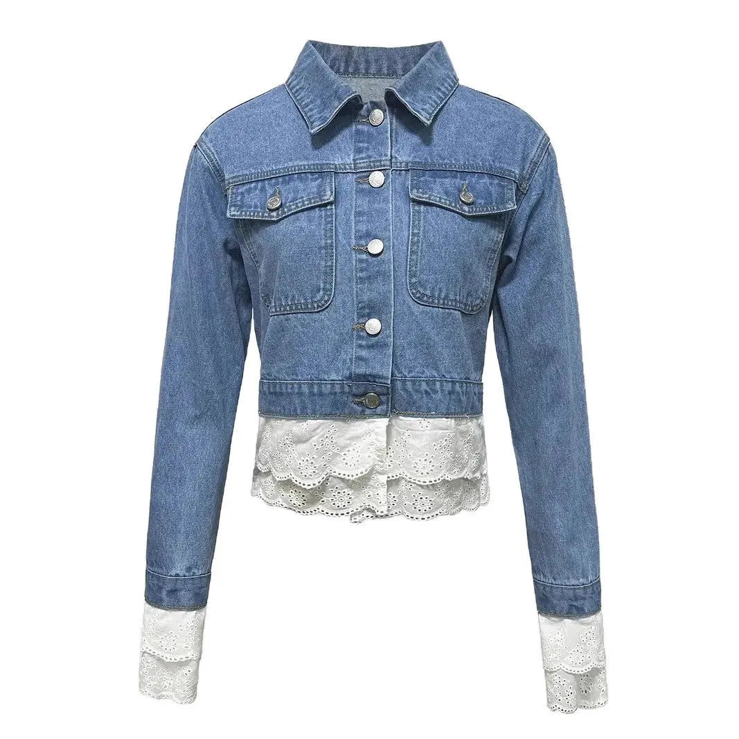 Blue women's denim jacket with lace stitching trim on long sleeves