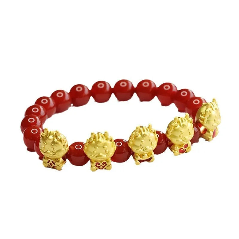 Chinese style red agate bracelet with five blessing dragon design and adjustable closure
