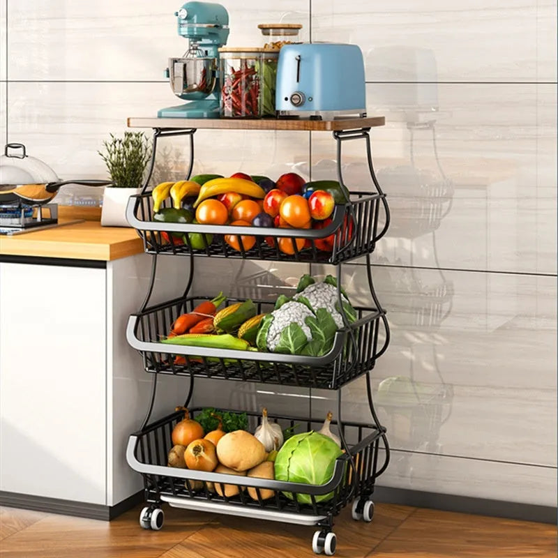 Black six-layer freestanding kitchen storage trolley with foldable carbon steel frame