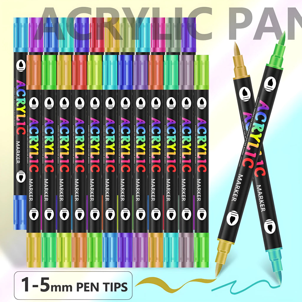 Double-headed acrylic marker pen set showing washable opaque colours in multiple pack size options