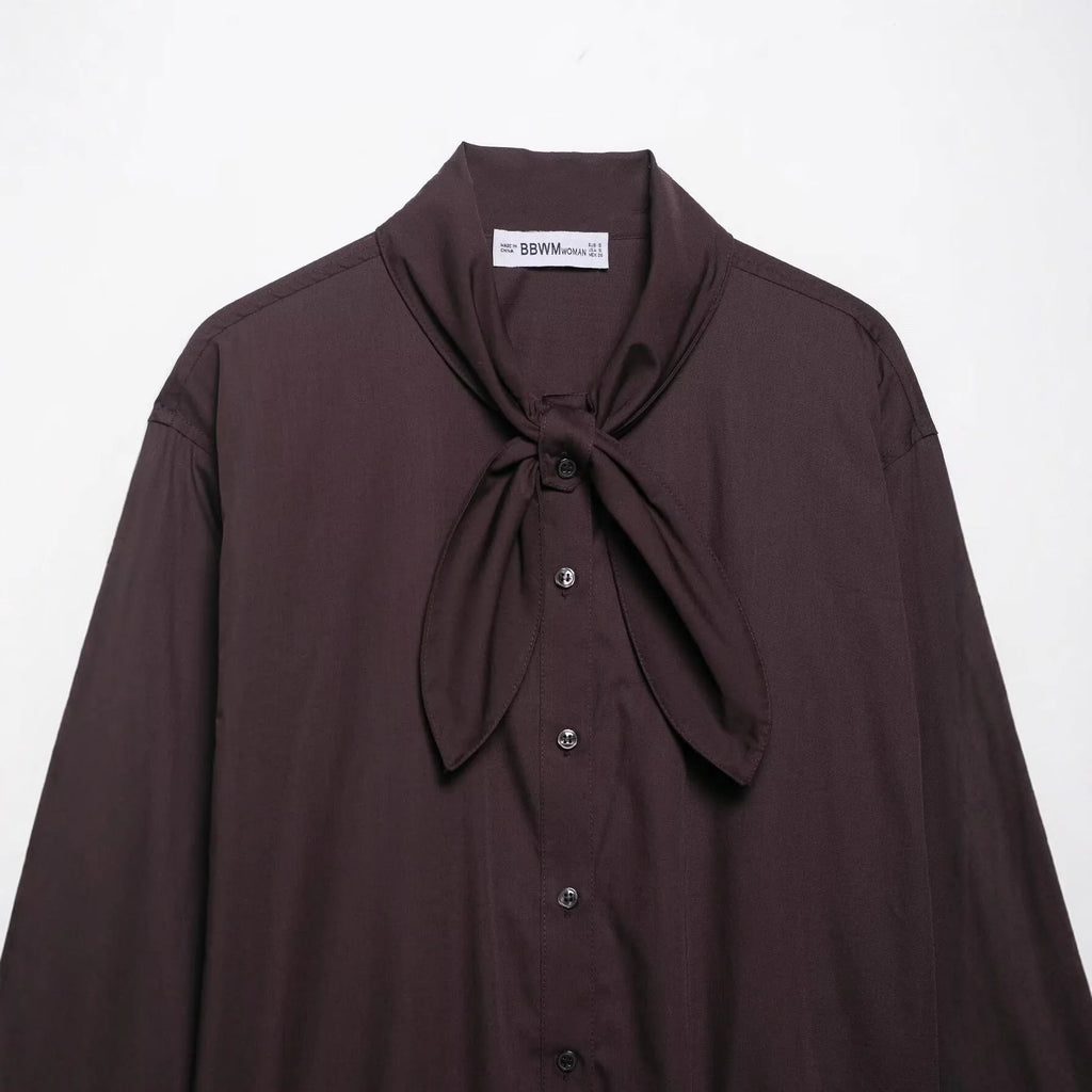 Brown loose fit women's long sleeve poplin shirt with a bow tie scarf