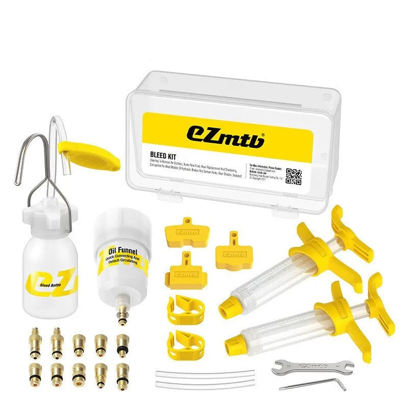 Bicycle hydraulic disc brake oil bleed kit with syringes, bottles, adapters and tools