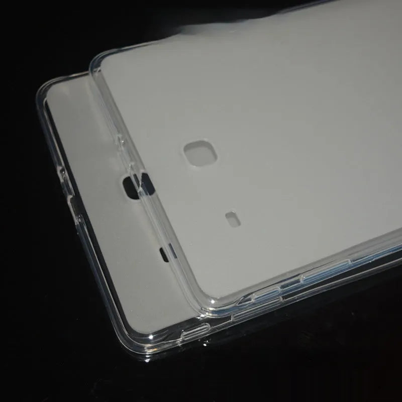 Clear silicone and TPU ultra-thin protective case for a tablet on a white background.